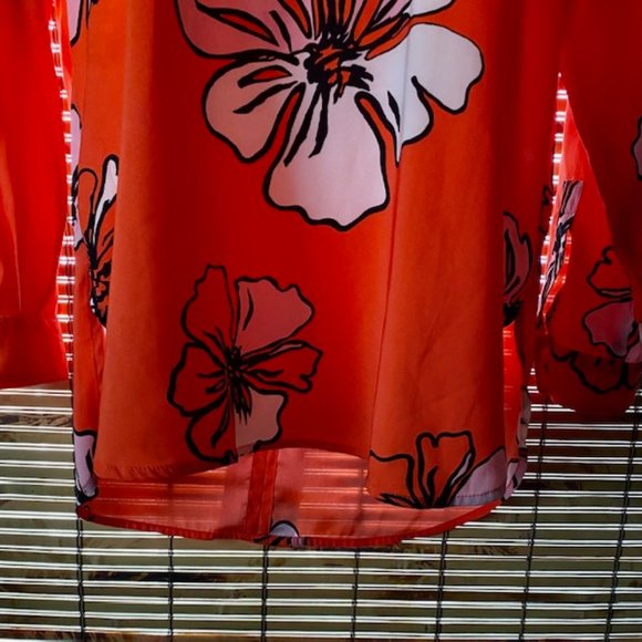 Vince Camuto Bright Orange & Pink Tropcial Hibiscus Blooms Blouse - Picture 8 of 14